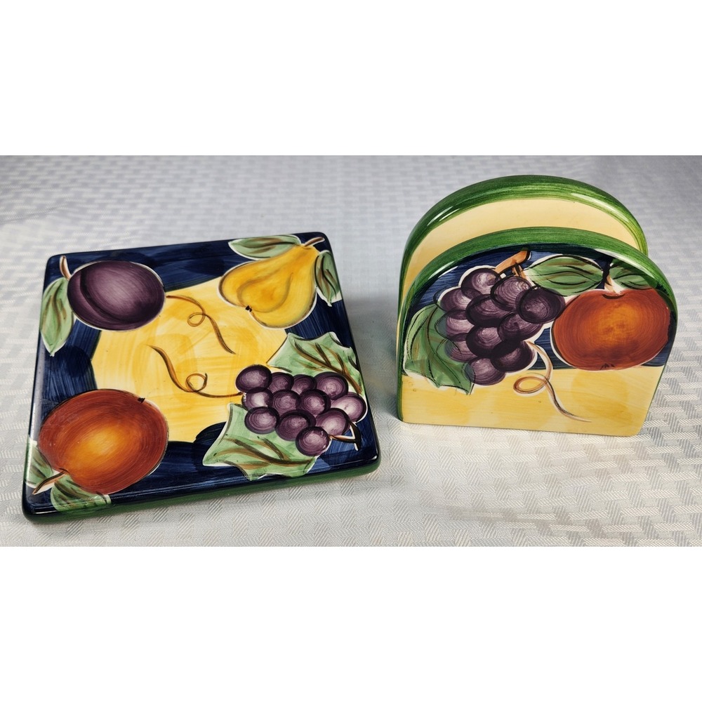 Amelia Trivet & Napkin Holder Grapes Apples Pears Hand Painted Colormate